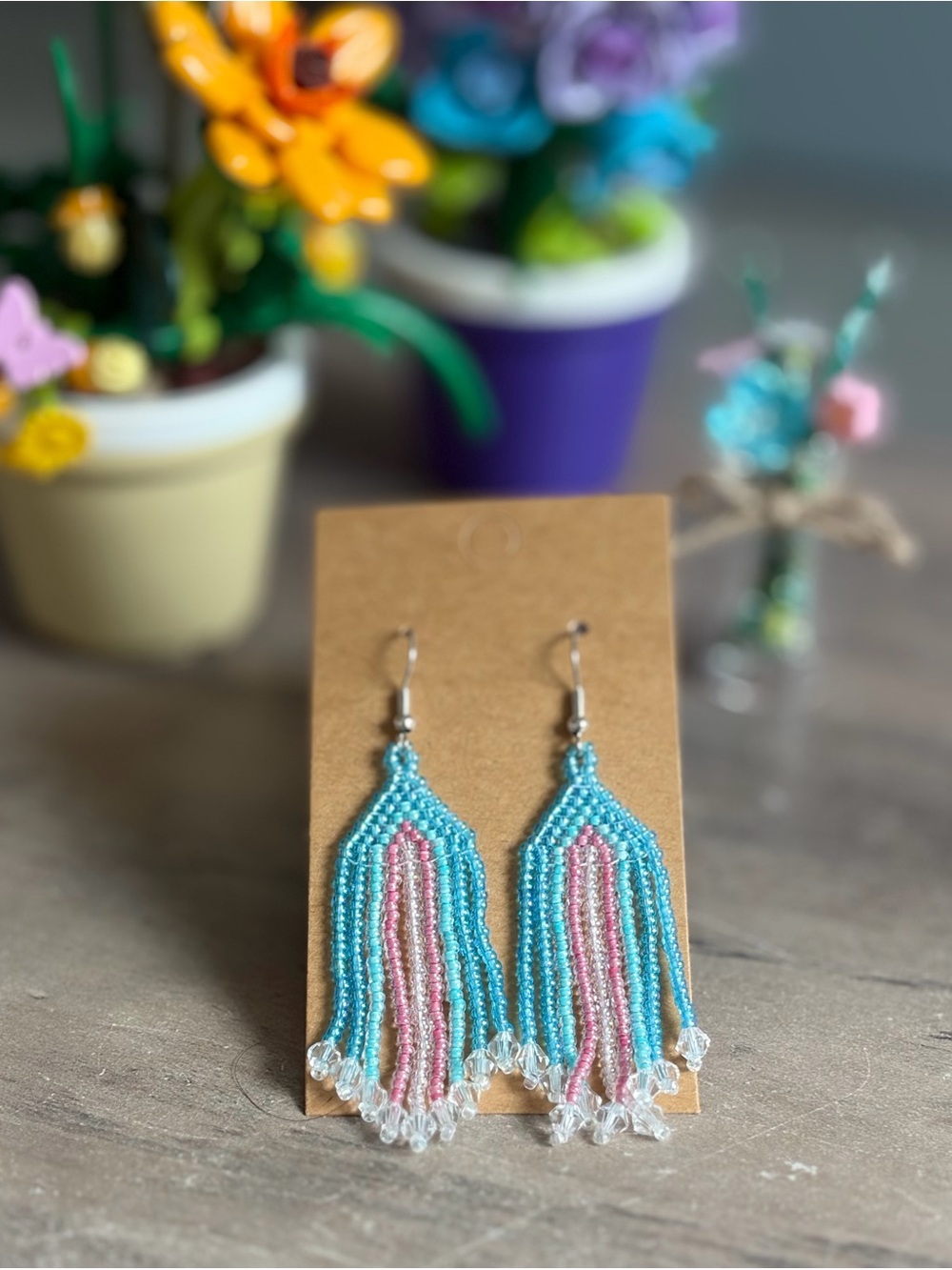 Beaded Fringe Earrings in Turquoise & Pink - Women Jewelry